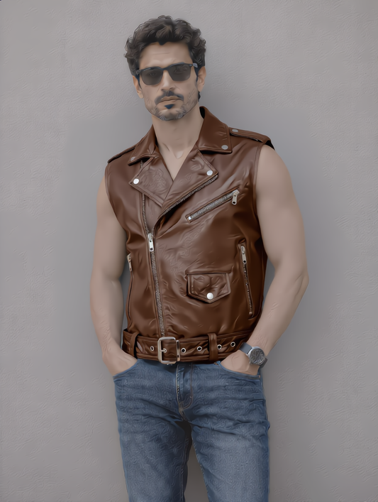 Biker Leather Vest - Chocolate
