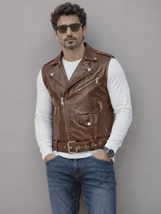 Biker Leather Vest - Chocolate