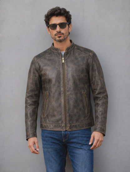 Distressed Leather Jacket - Brown