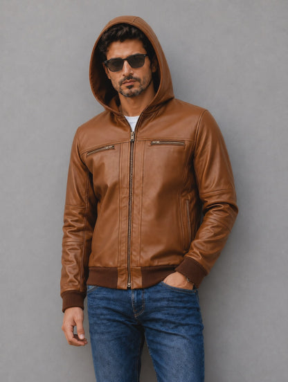 Hooded Leather Bomber Jacket - Brown