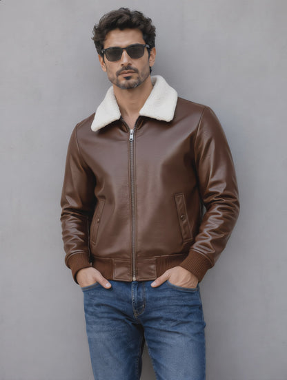 Leather Jacket (Detachable Faux Fur Collar) - Chocolate