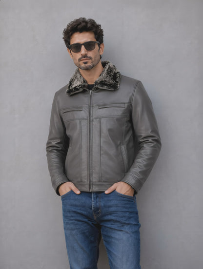 Leather Jacket with Fur Collar - Gray