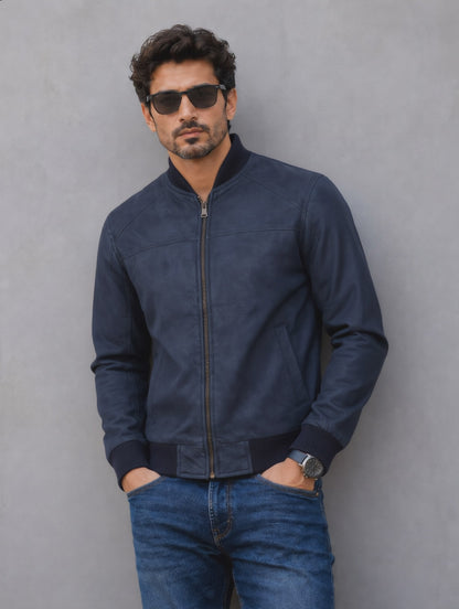 Suede Bomber Jacket - Dark Blue