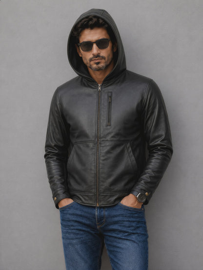 Hooded Leather Jacket - Black