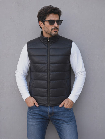 Leather Puffer Vest - Black