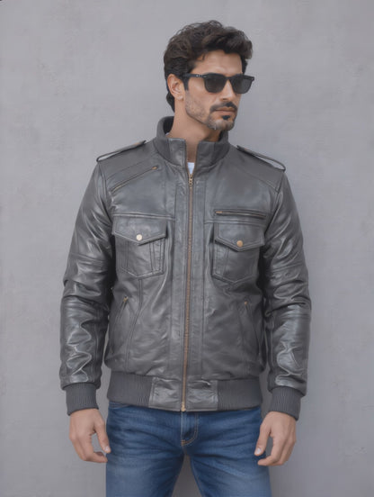 Biker Leather Jacket -Gray