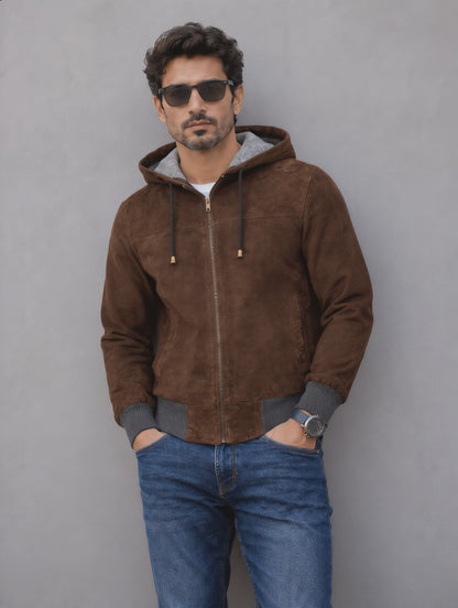 Suede Leather Hooded Jacket - Brown