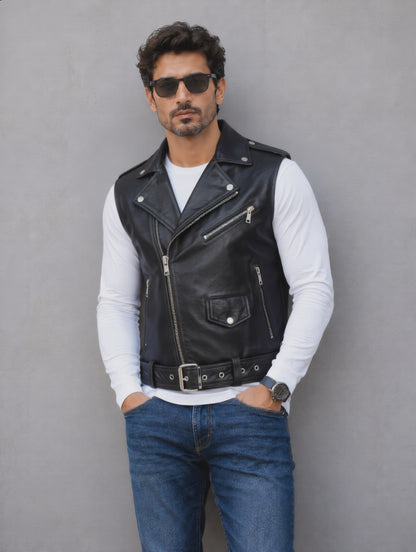 Biker Leather Vest - Black