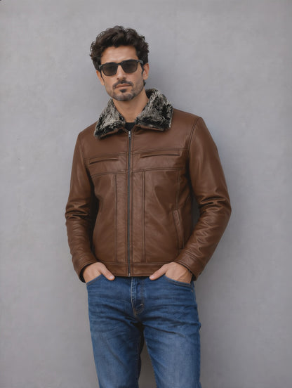 Leather Jacket with Fur Collar - Brown