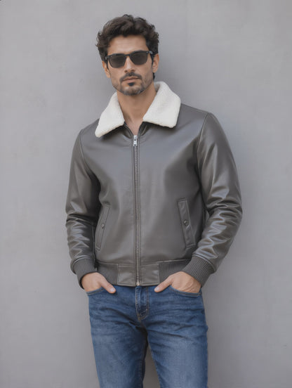 Leather Jacket (Detachable Faux Fur Collar) - Gray