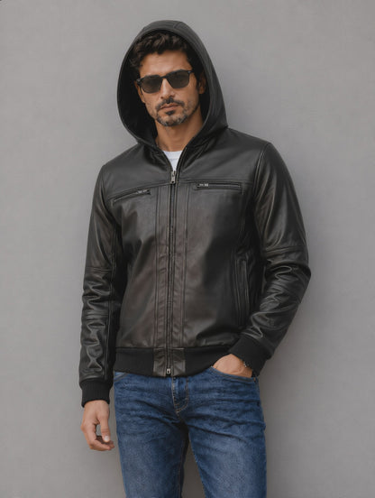 Hooded Leather Bomber Jacket - Black