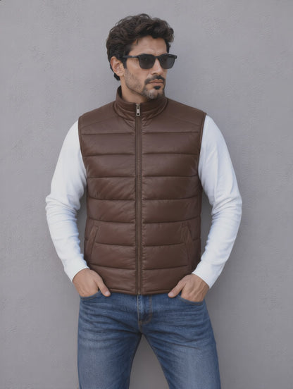 Leather Puffer Vest - Chocolate
