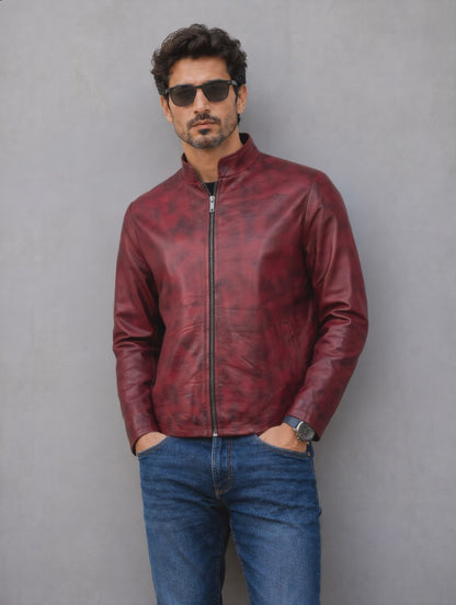 Distressed Leather Jacket - Burgundy