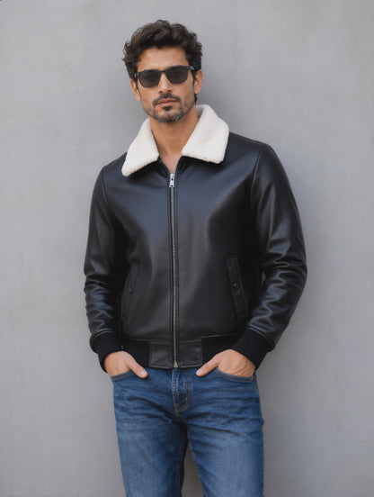 Leather Jacket (Detachable Faux Fur Collar) - Black