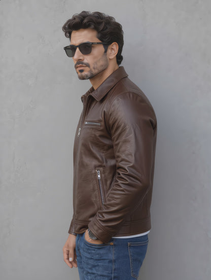 Vintage Collar Leather Jacket - Chocolate