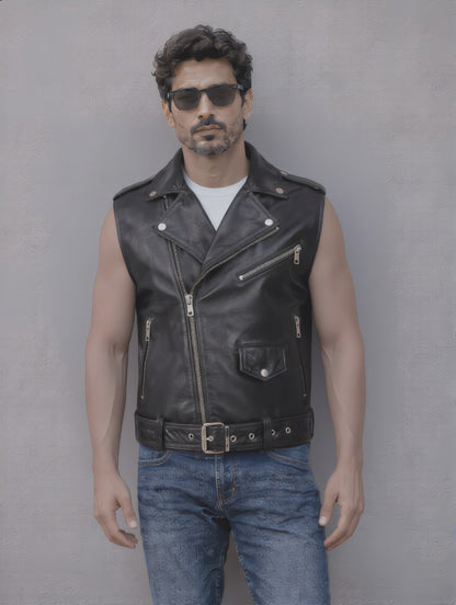 Biker Leather Vest - Black