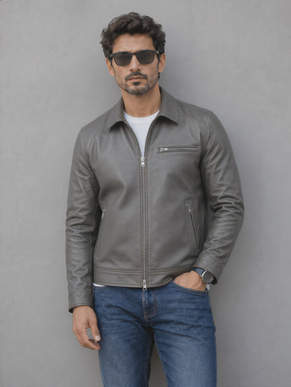 Vintage Collar Leather Jacket - Gray