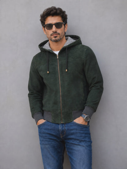 Suede Leather Hooded Jacket - Green