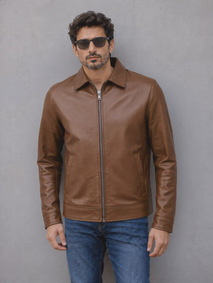 Classic Leather Collar Jacket - Brown