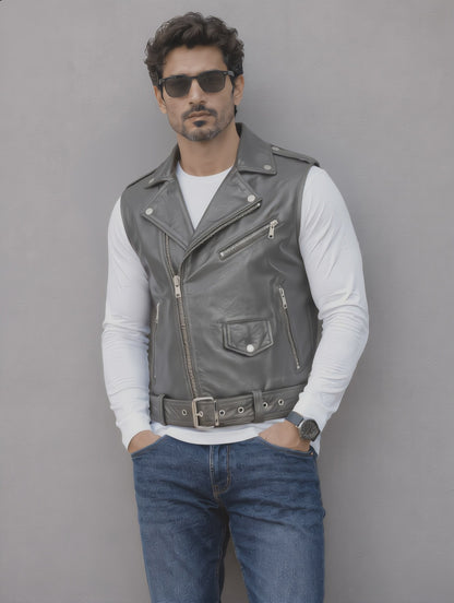 Biker Leather Vest - Gray