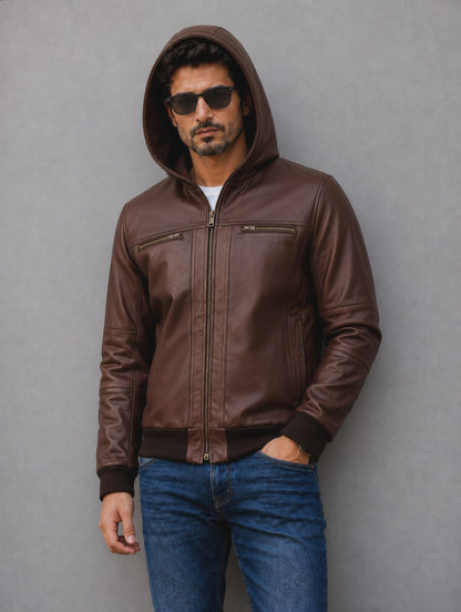 Hooded Leather Bomber Jacket - Chocolate
