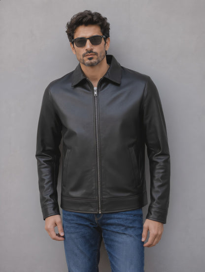 Classic Leather Collar Jacket - Black