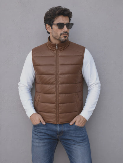 Leather Puffer Vest - Brown