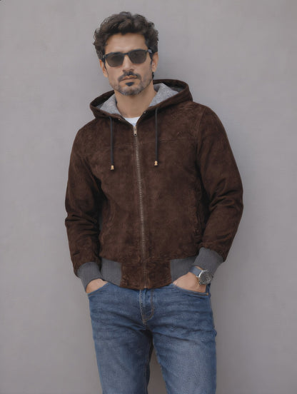 Suede Leather Hooded Jacket - Chocolate