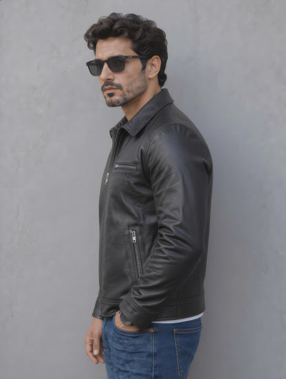 Vintage Collar Leather Jacket - Black