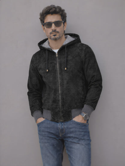 Suede Leather Hooded Jacket - Black