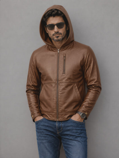 Hooded Leather Jacket - Brown