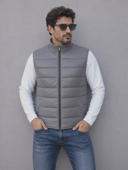 Leather Puffer Vest - Gray