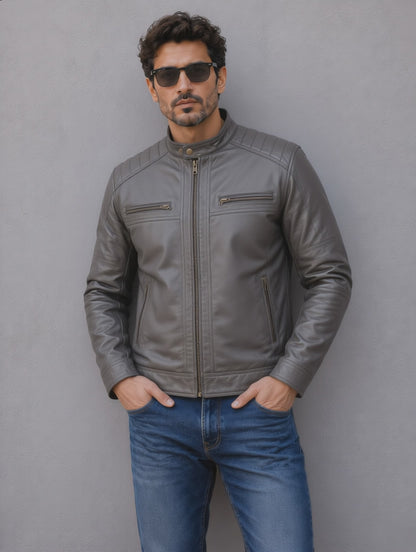 Classic Biker Leather Jacket - Gray