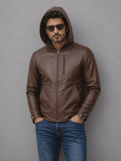 Hooded Leather Jacket - Chocolate